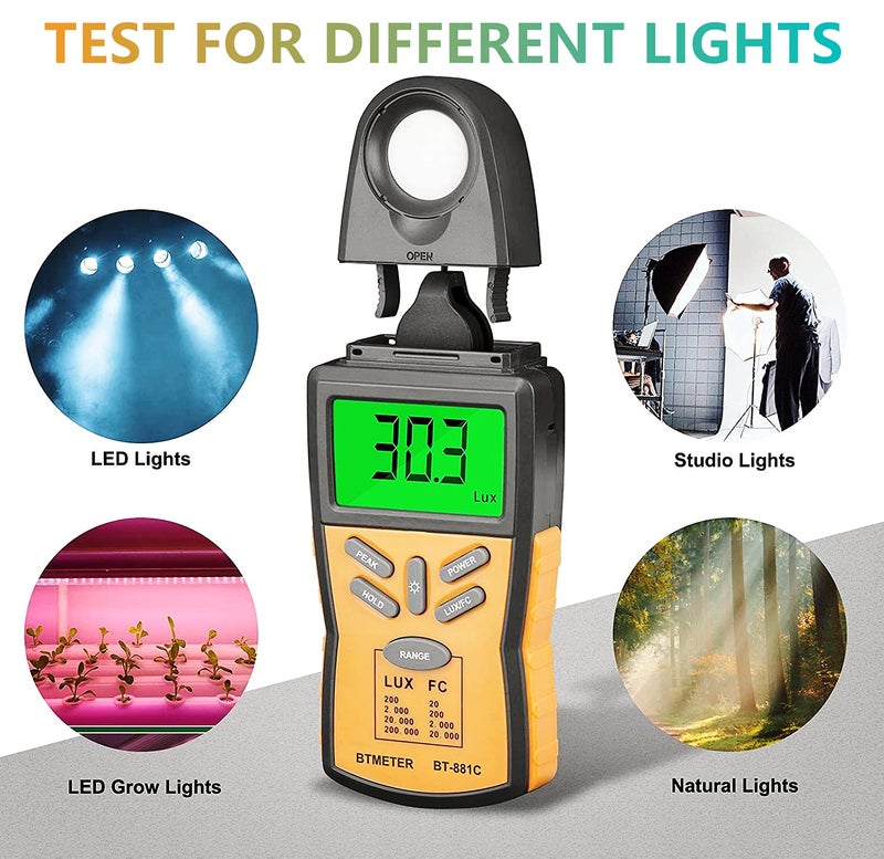 BTMETER Digital Illuminance Light Meter BT-881C,Lumen/FC Photometer,Luxmeter Sensor Measure 0.1~200000 Lux (0.01~20000FC) Lights,Bright Tester for Photography, Plant, Foot Candle - Image 4